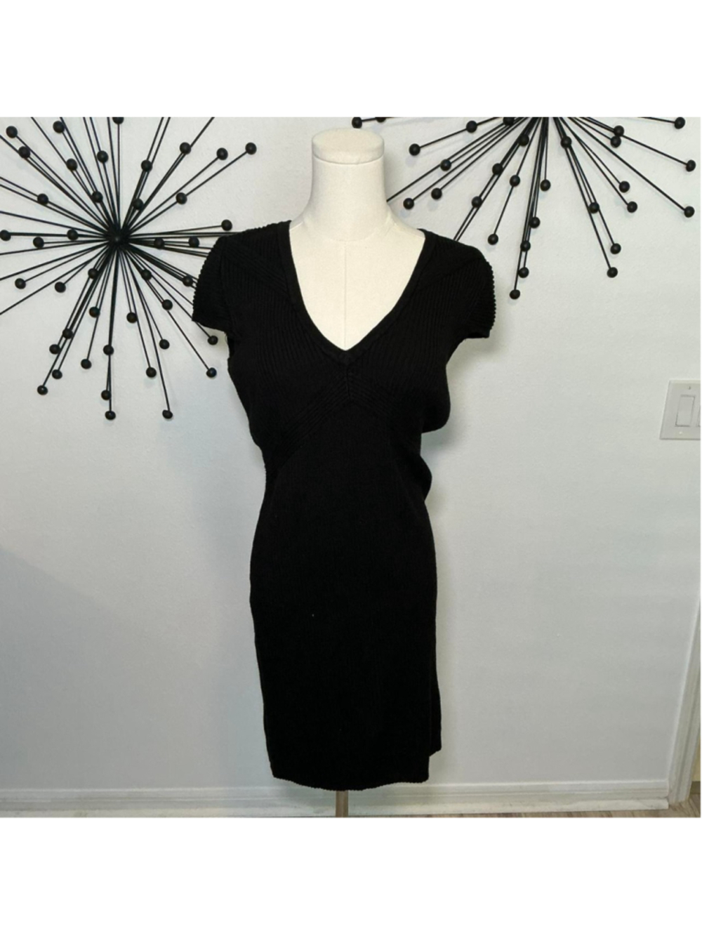 H&M Black Ribbed Knit Dress Size Large V Neck Bodycon Casual